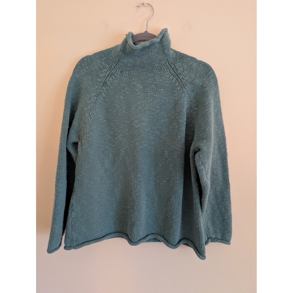 LL Bean Womens XL Petite Teal Blue 100% Cotton Roll Neck Raglan Sweater coastal